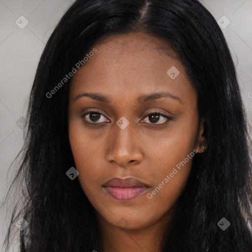 Neutral asian young-adult female with long  brown hair and brown eyes