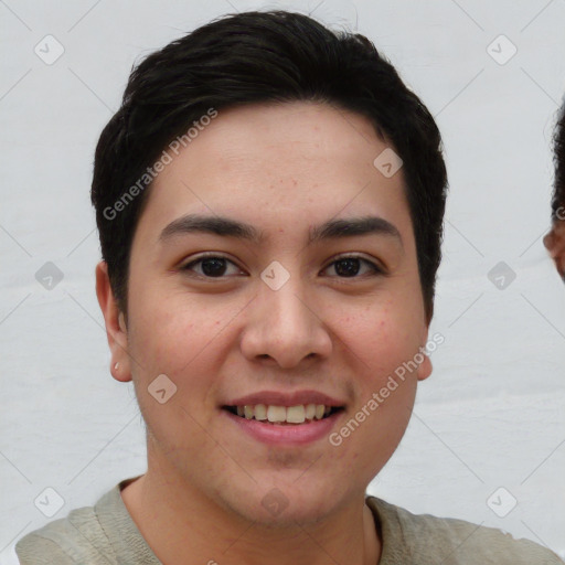 Joyful asian young-adult female with short  brown hair and brown eyes