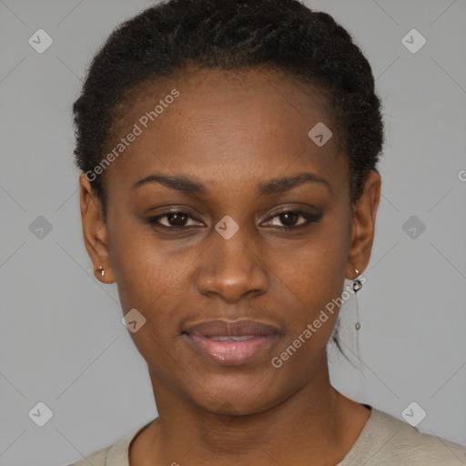 Neutral black young-adult female with short  black hair and brown eyes