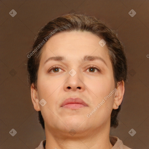 Neutral white adult female with short  brown hair and brown eyes