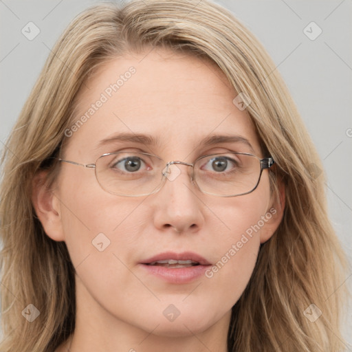 Joyful white adult female with long  brown hair and blue eyes