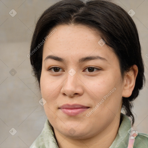 Joyful white young-adult female with medium  brown hair and brown eyes