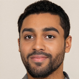 Neutral latino young-adult male with short  black hair and brown eyes