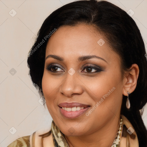 Joyful latino young-adult female with medium  brown hair and brown eyes