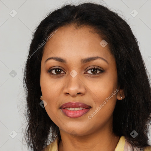 Joyful latino young-adult female with long  brown hair and brown eyes