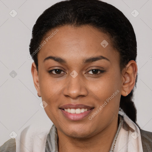 Joyful latino young-adult female with short  brown hair and brown eyes