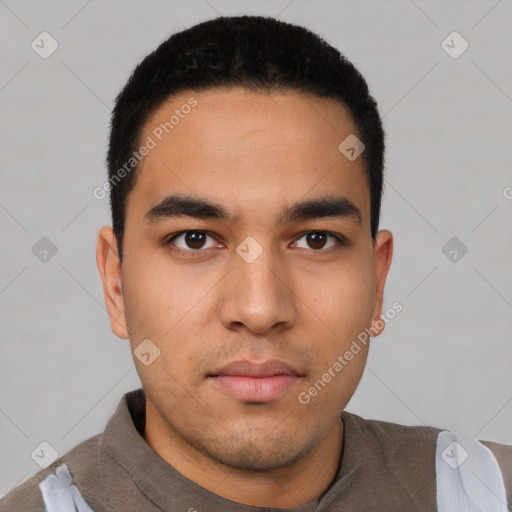 Neutral latino young-adult male with short  black hair and brown eyes