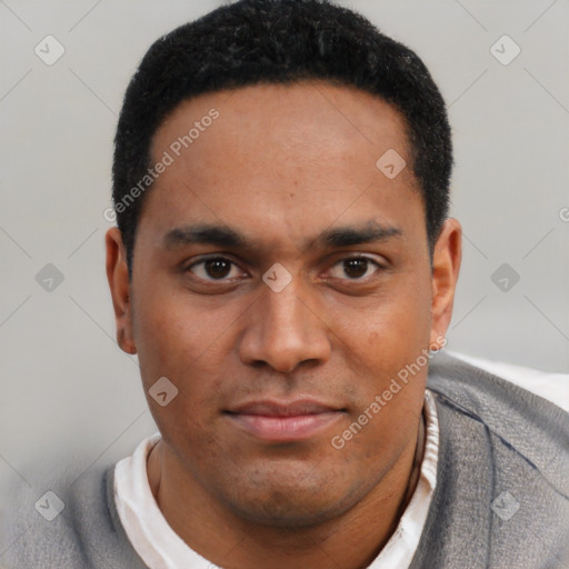 Neutral black young-adult male with short  black hair and brown eyes
