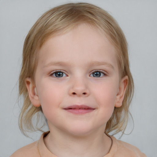 Joyful white child female with medium  brown hair and blue eyes