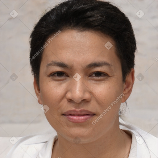 Joyful white adult female with short  brown hair and brown eyes