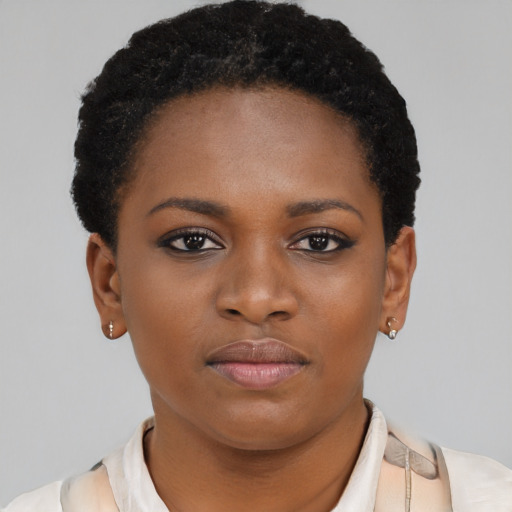 Neutral black young-adult female with short  brown hair and brown eyes