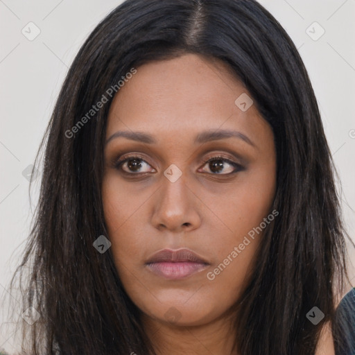 Neutral asian young-adult female with long  brown hair and brown eyes