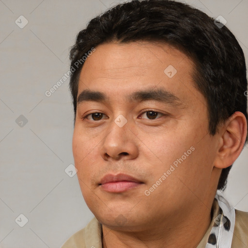 Neutral white young-adult male with short  black hair and brown eyes