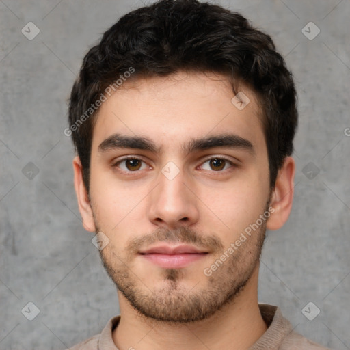 Neutral white young-adult male with short  brown hair and brown eyes