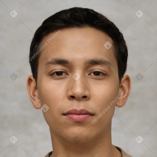 Neutral asian young-adult male with short  black hair and brown eyes