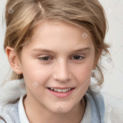 Joyful white child female with medium  brown hair and brown eyes