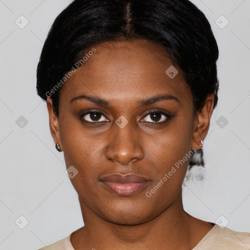 Neutral black young-adult female with short  black hair and brown eyes