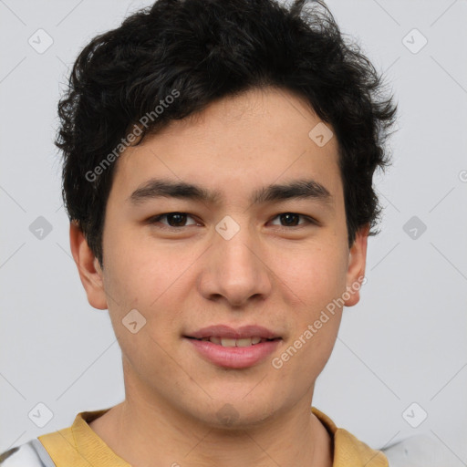 Joyful latino young-adult male with short  brown hair and brown eyes