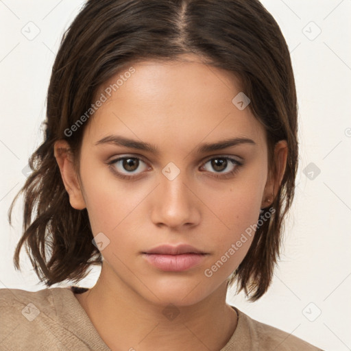 Neutral white young-adult female with medium  brown hair and brown eyes