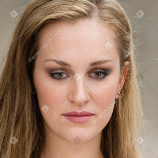 Joyful white young-adult female with long  brown hair and green eyes