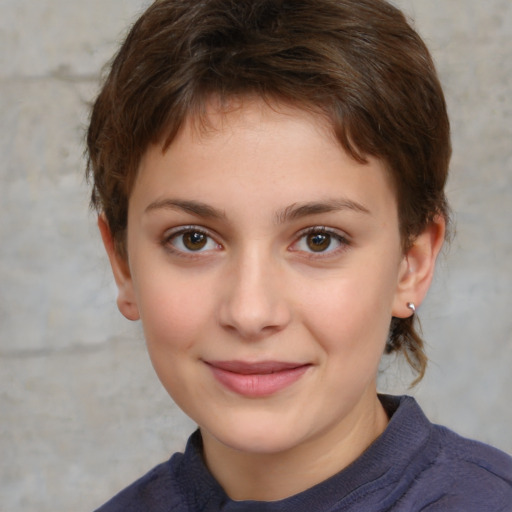 Joyful white child female with medium  brown hair and brown eyes