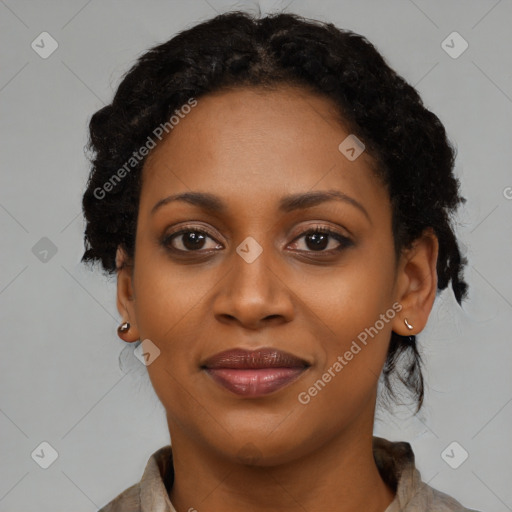 Joyful black young-adult female with medium  black hair and brown eyes