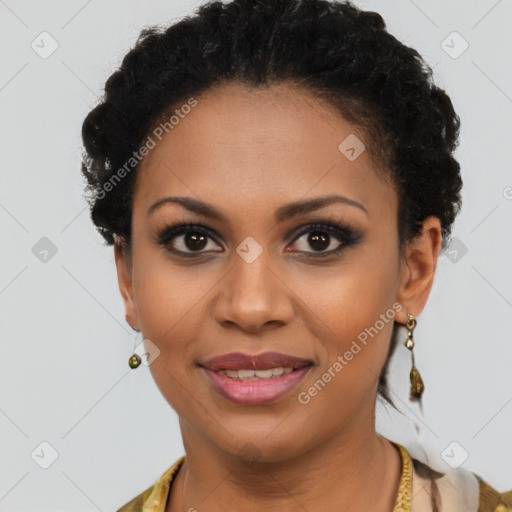 Joyful latino young-adult female with short  brown hair and brown eyes