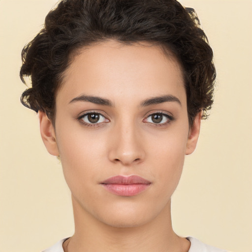 Neutral white young-adult female with short  brown hair and brown eyes