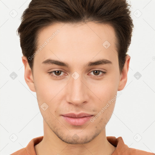 Neutral white young-adult male with short  brown hair and brown eyes