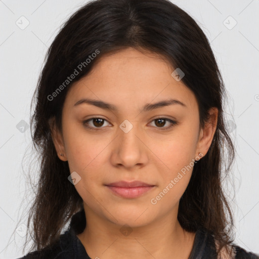 Neutral latino young-adult female with long  brown hair and brown eyes