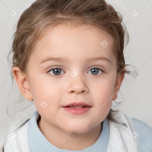 Neutral white child female with medium  brown hair and blue eyes