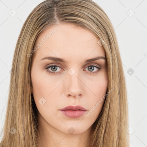 Neutral white young-adult female with long  brown hair and brown eyes