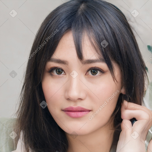 Neutral asian young-adult female with medium  brown hair and brown eyes