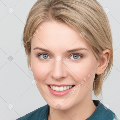 Joyful white young-adult female with medium  brown hair and blue eyes