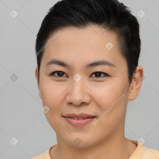 Joyful asian young-adult female with short  brown hair and brown eyes