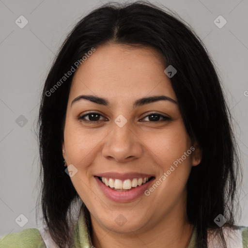 Joyful latino young-adult female with long  brown hair and brown eyes