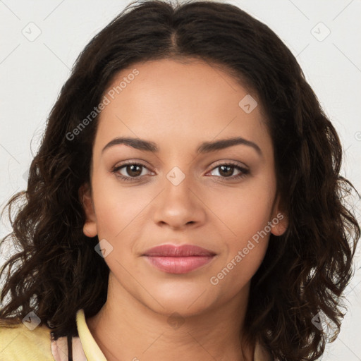 Joyful latino young-adult female with long  brown hair and brown eyes