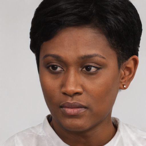 Neutral asian young-adult female with short  black hair and brown eyes