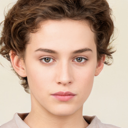 Neutral white young-adult female with short  brown hair and brown eyes