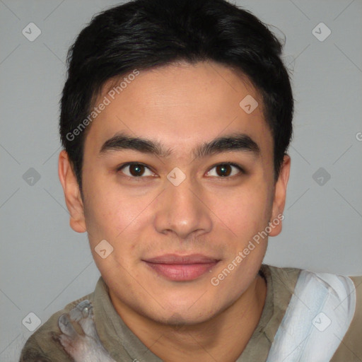 Joyful asian young-adult male with short  brown hair and brown eyes