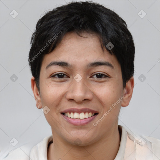 Joyful asian young-adult female with short  brown hair and brown eyes