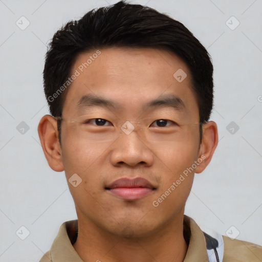 Neutral asian young-adult male with short  brown hair and brown eyes