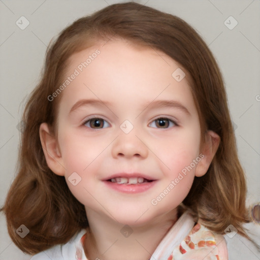 Joyful white child female with medium  brown hair and brown eyes