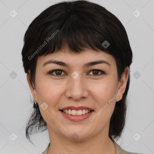 Joyful white young-adult female with medium  brown hair and brown eyes