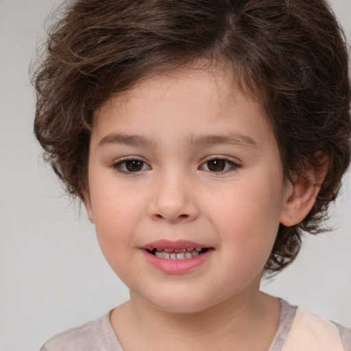 Joyful white child female with medium  brown hair and brown eyes