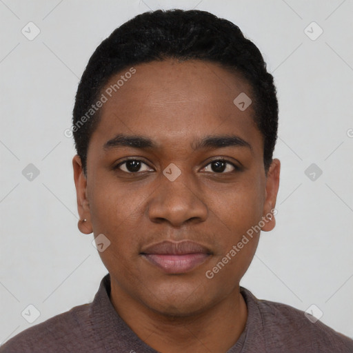 Neutral black young-adult male with short  black hair and brown eyes