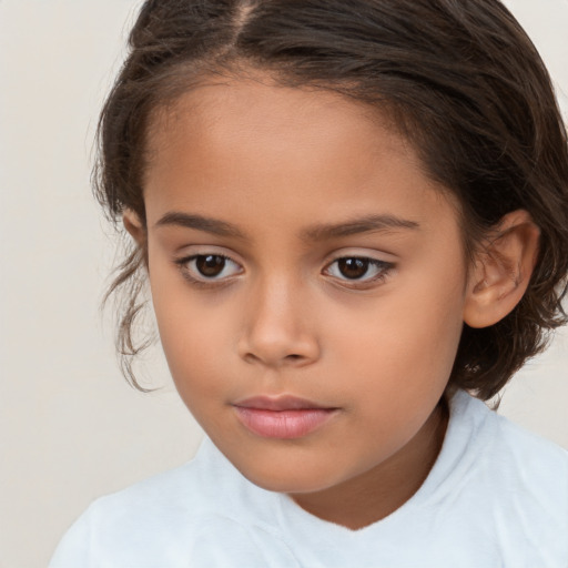 Joyful white child female with medium  brown hair and brown eyes