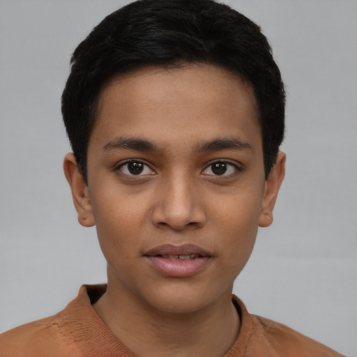 Joyful latino young-adult male with short  brown hair and brown eyes