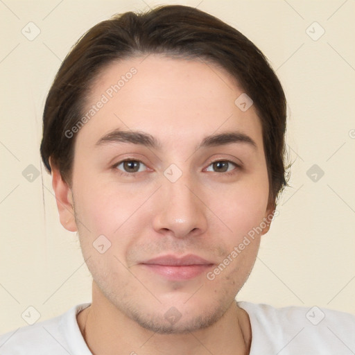 Neutral white young-adult male with short  brown hair and brown eyes