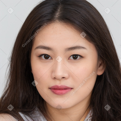 Neutral asian young-adult female with long  brown hair and brown eyes